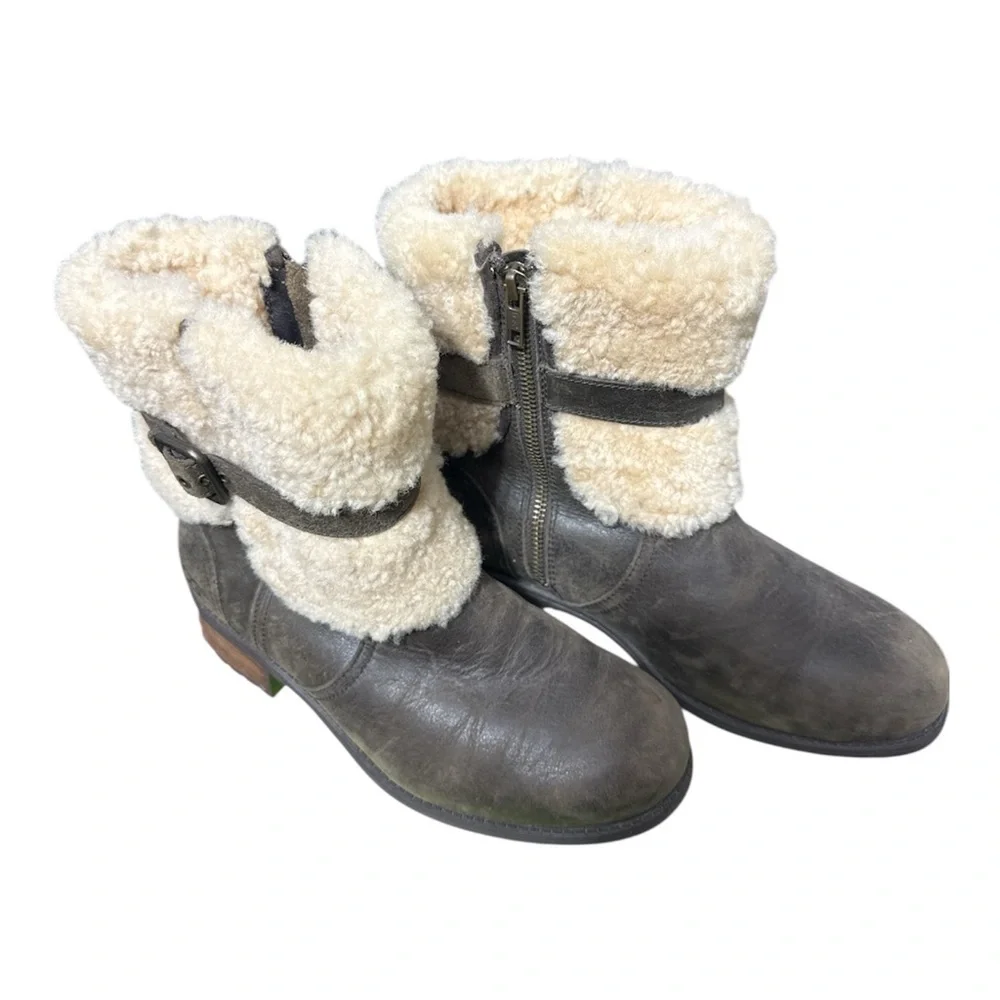 UGG Blayre Winter Ankle Boots Womens Size 7 Dark Olive Leather Sheepskin Cuff